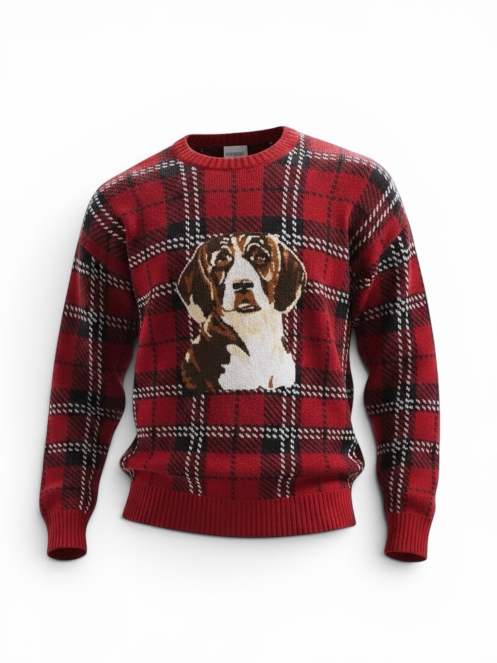 EUC Urban Outfitters Tartan Crewneck Knit Pullover with Chenille Beagle